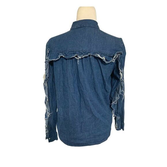 zara womens solid blue denim jean long sleeve button down top medium - Picture 2 of 4